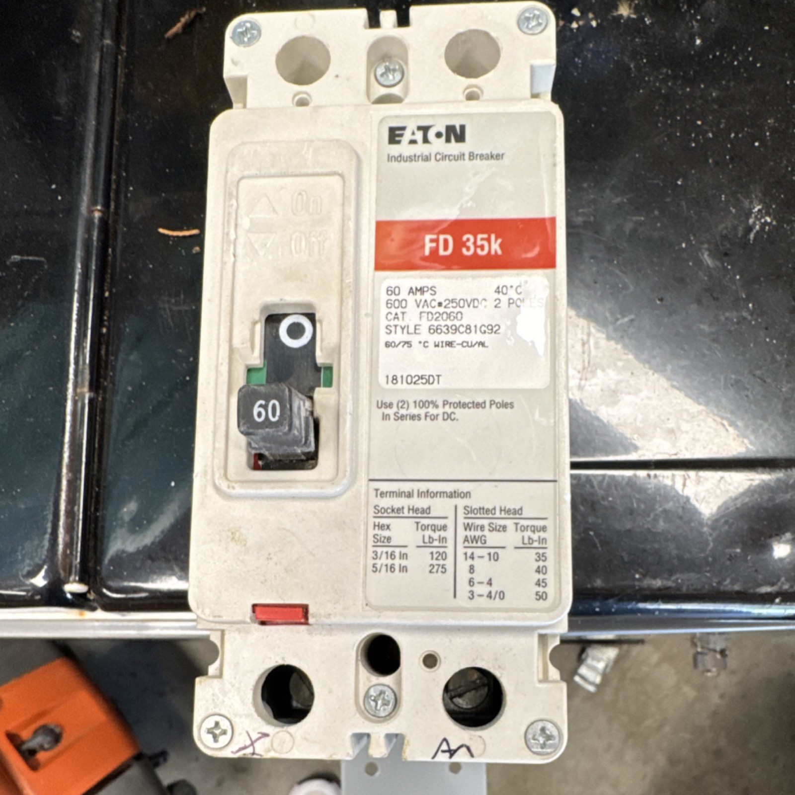 1 Eaton FD 35k Industrial Circuit Breaker 60A 2-Pole 600VAC 250VDC