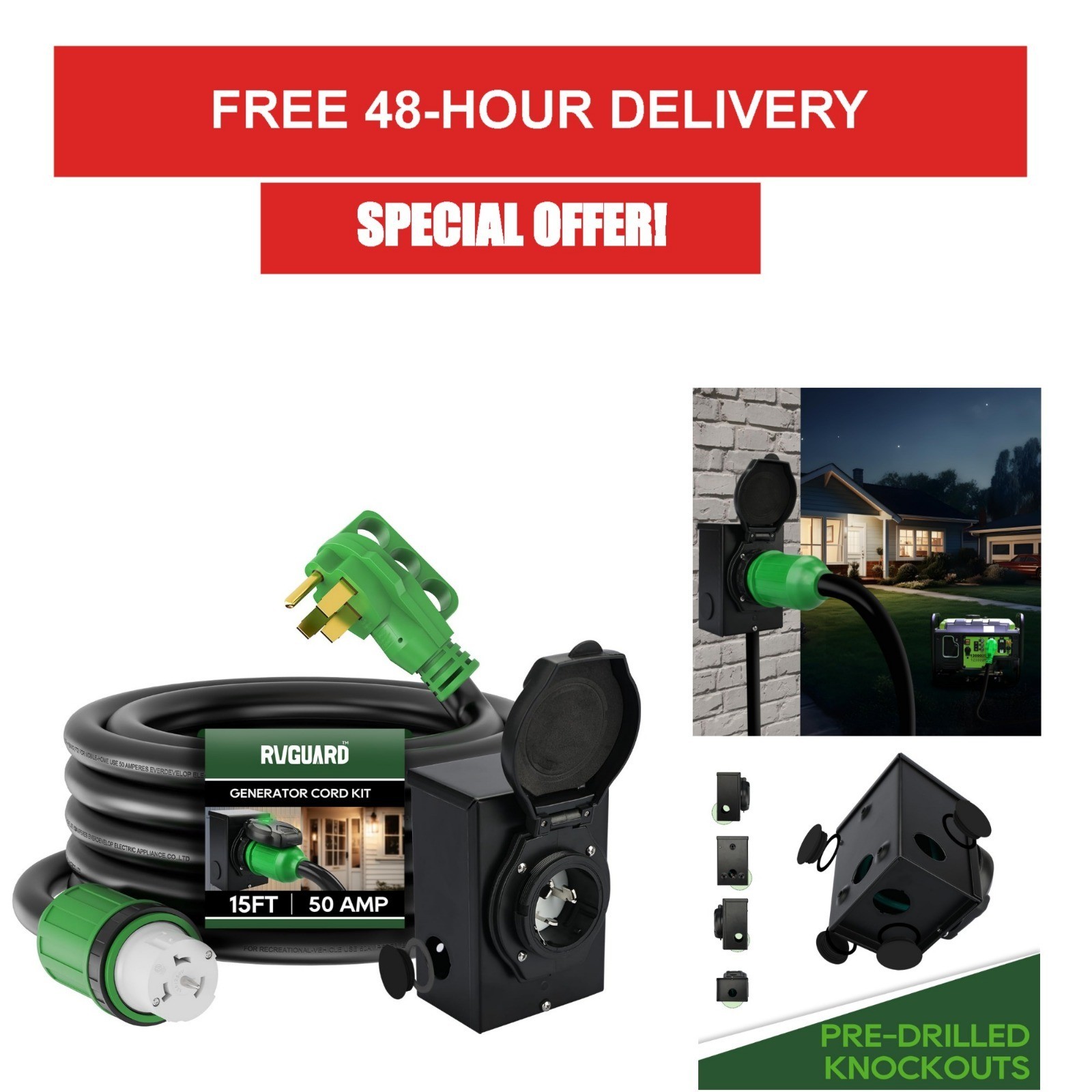 RVGUARD 50 Amp Generator Inlet Box & 15FT Cord Kit – ETL Listed