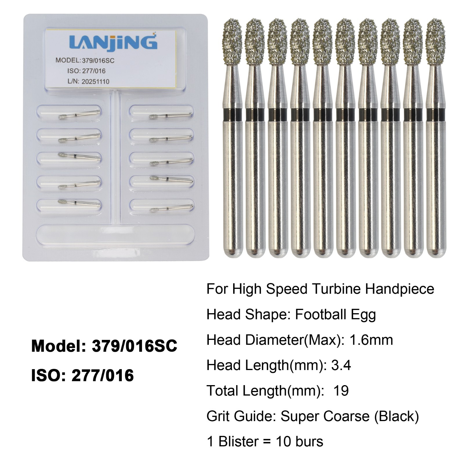 Dental Diamond Burs Football Super Coarse FG High Speed 379/016SC Friction Grip