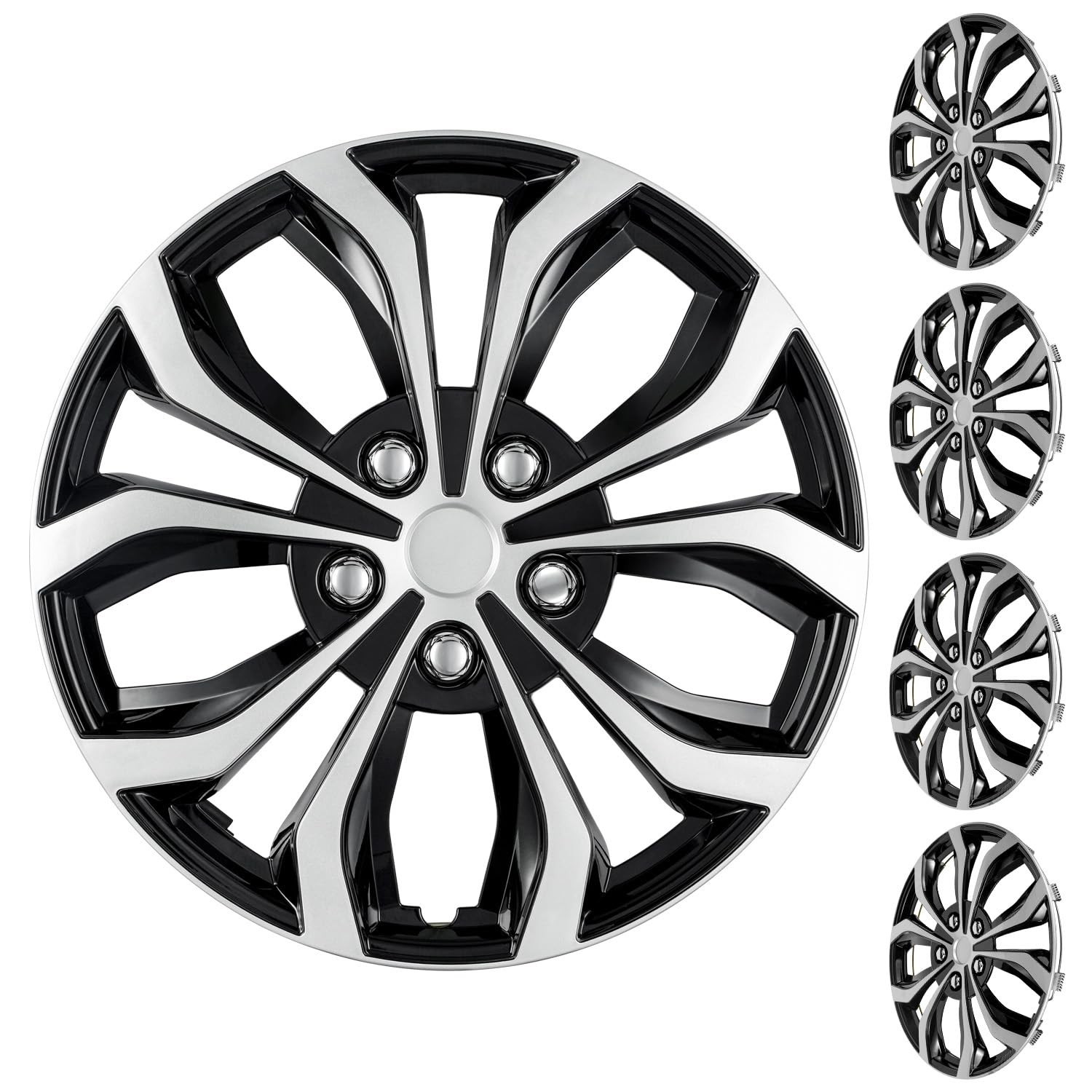 15 Inch Universal Hubcaps, Silver & Black Snap-On Wheel Covers, Compatible wi…