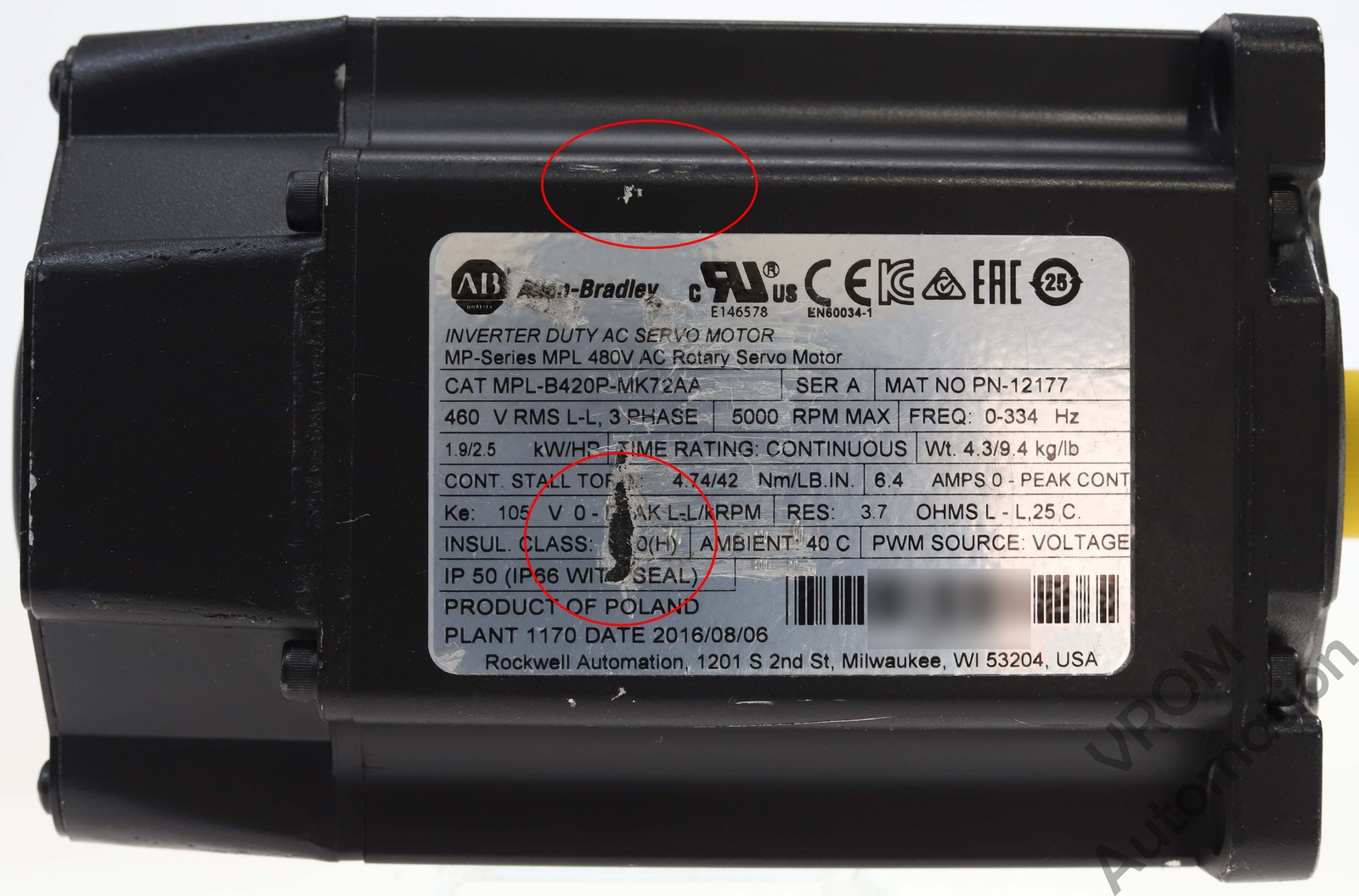 Surplus Allen Bradley MPL-B420P-MK72AA /A Kinetix Low Inertia Servo Motor 2.5 HP