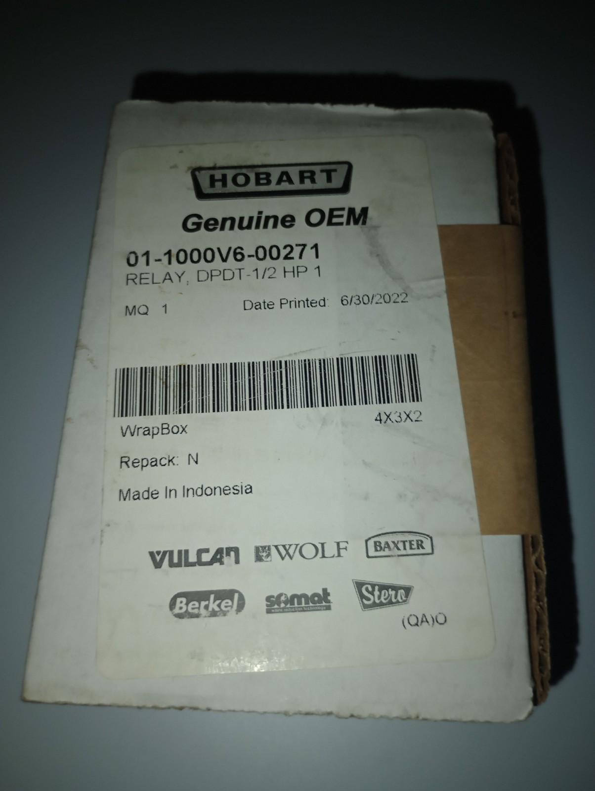 BAXTER HOBART 01-1000V6-00271 RELAY, DPDT-1/2 HP, OEM, NEW, FREE SHIPPING