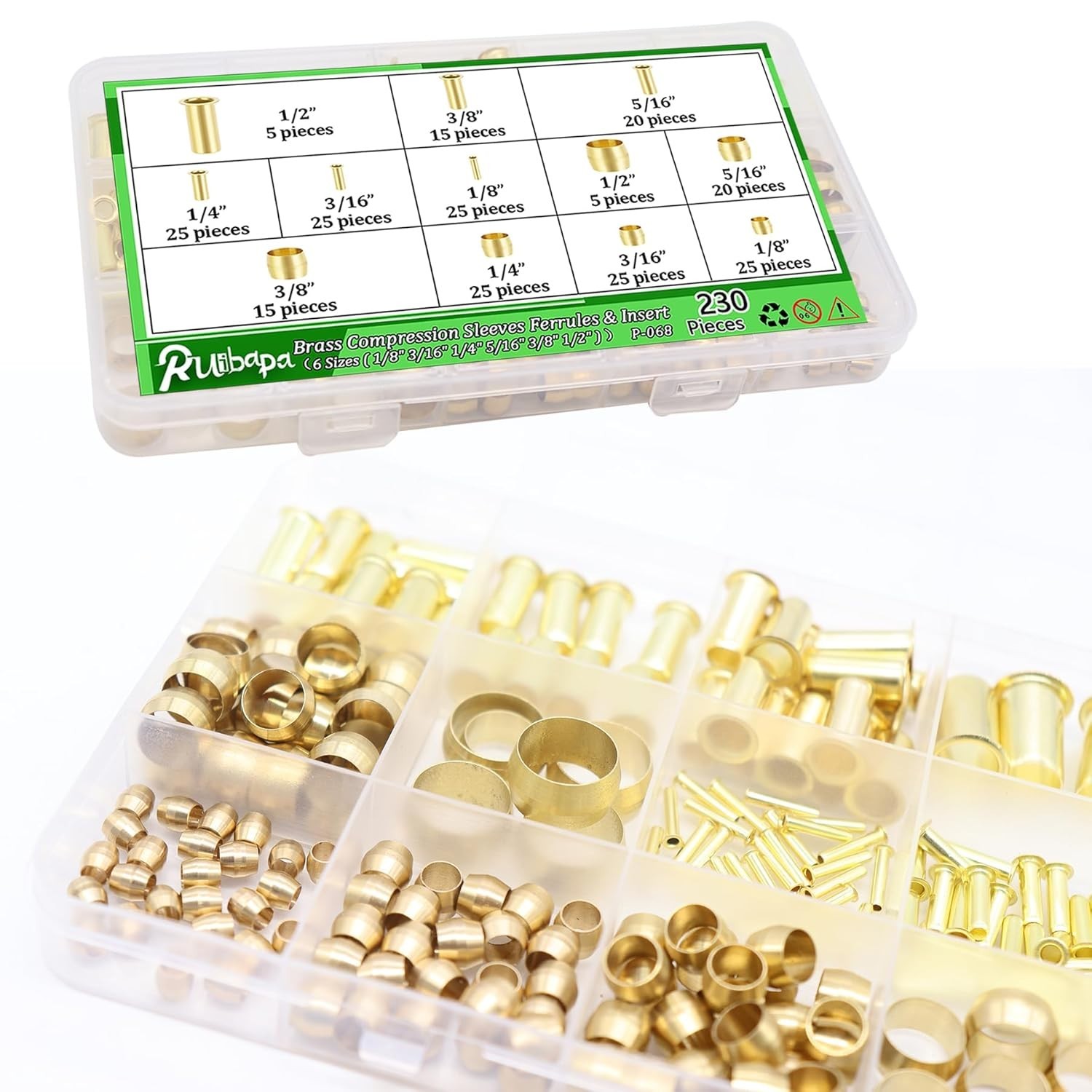 Compression Fittings Assortment kit-6 230PCS Sleeves Ferrules,Insert, Brass