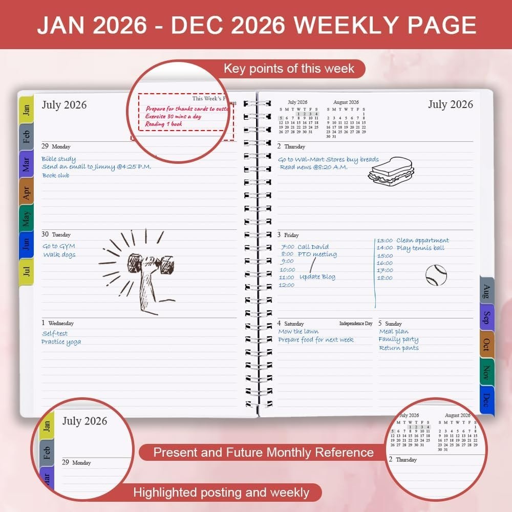 2026 Flexible & Compact Weekly Monthly Planner with 12 Tabs & Inner Pocket