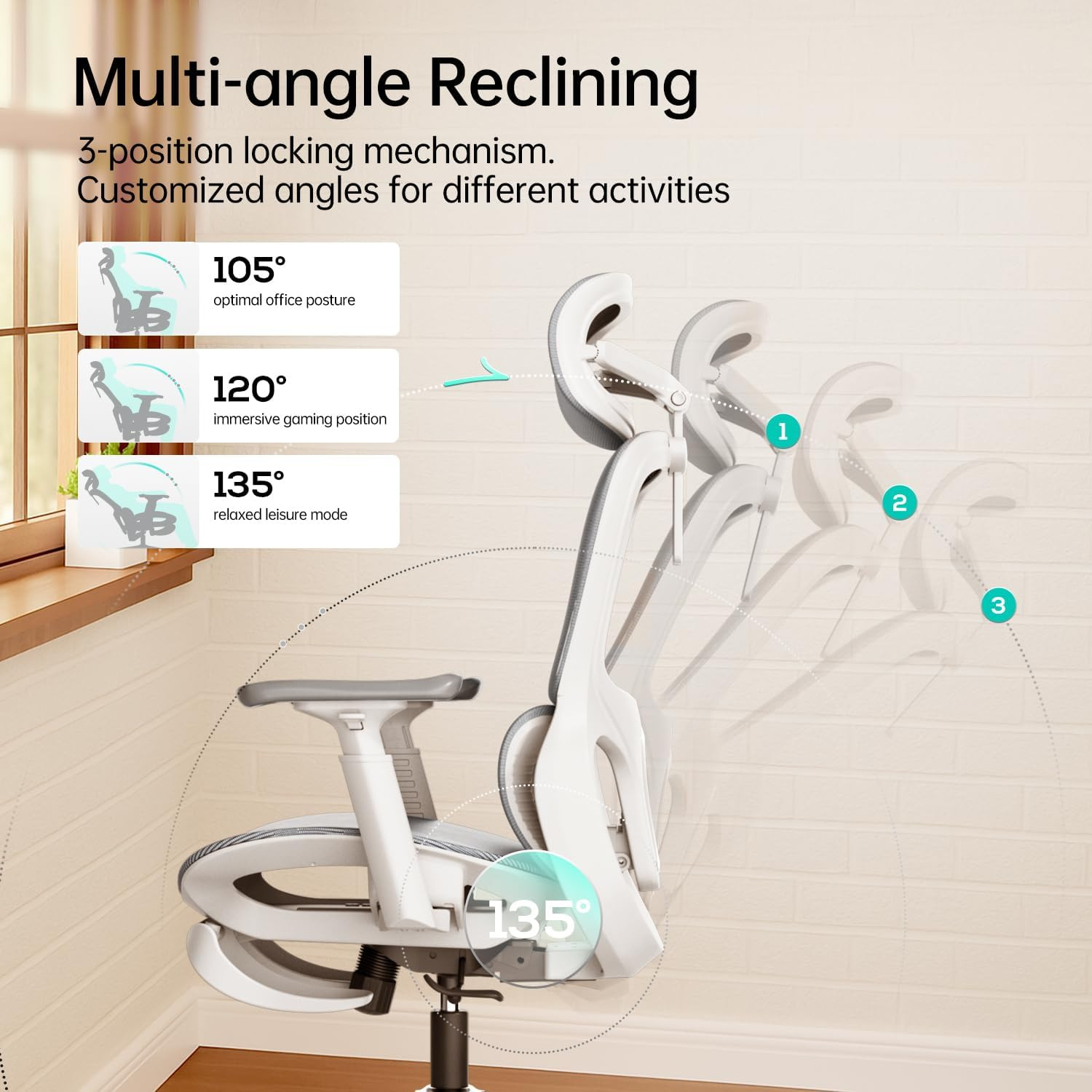 Ergonomic Office Chair with 3D Lumbar Support & Footrest – White