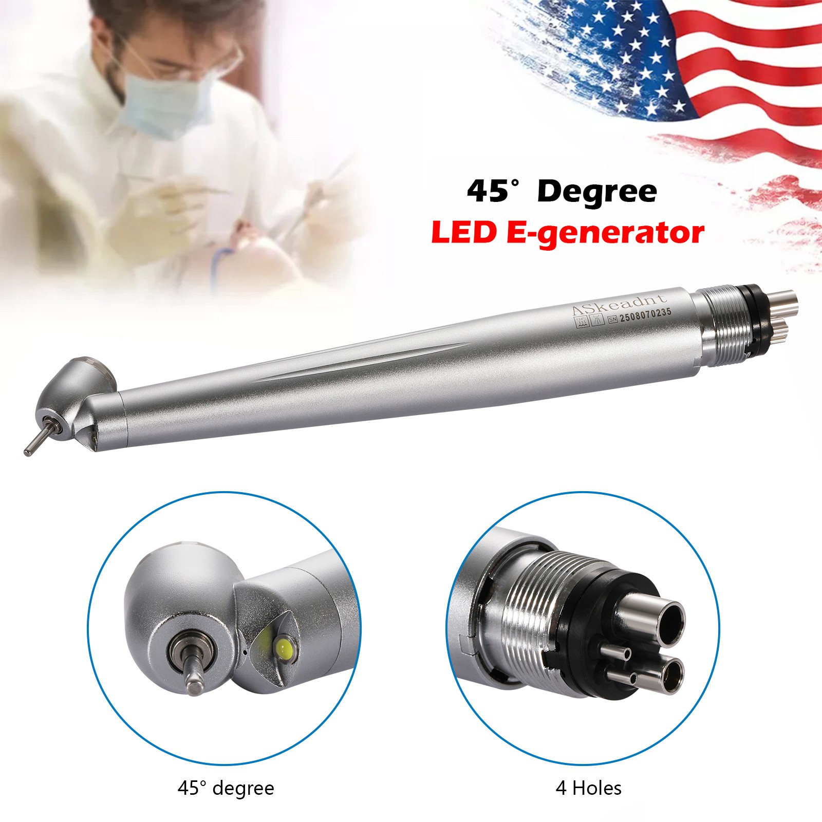 Dental 45 Degree 45° Angle LED E-generator High Speed Handpiece 4 holes ASkeadnt