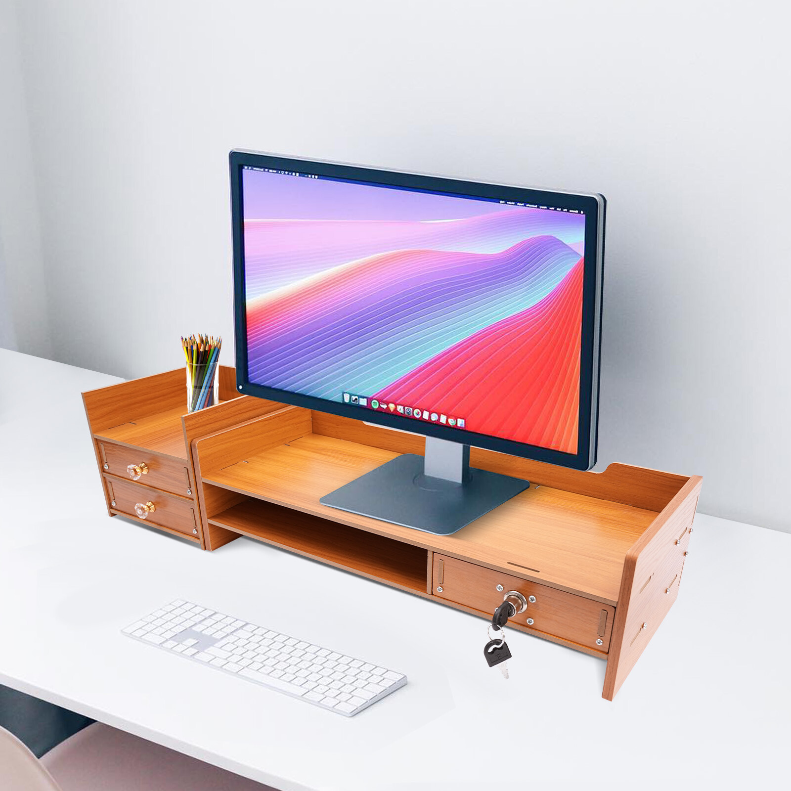 Computer Monitor Stand With Lockable Drawer & Phone Holder For Home Office