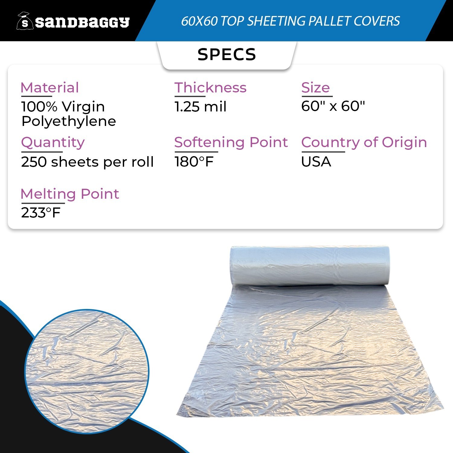 60″ x 60″ Clear Top Sheeting Pallet Covers – 1.25 Mil, USA Made – Sandbaggy