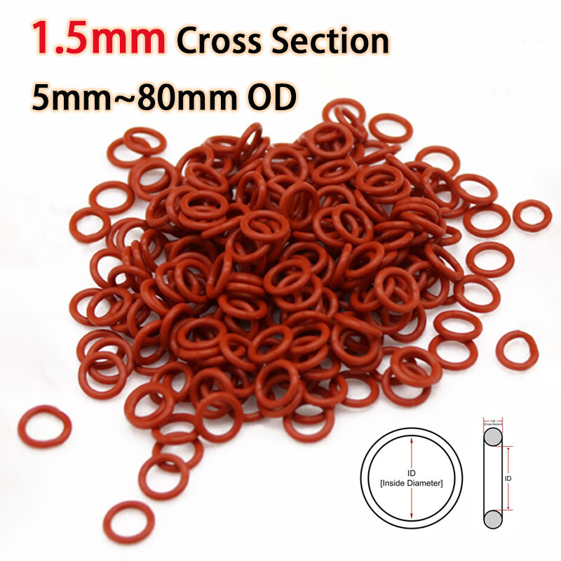 Red Silicone O Ring Sealing Waterproof Metric 5mm~80mm OD 1.5mm Cross Section