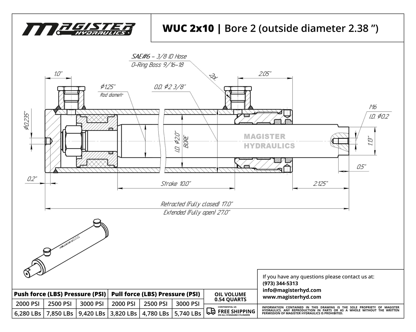 Universal Hydraulic Cylinder Welded Double Acting 2″ Bore 10″ Stroke WUC 2×10