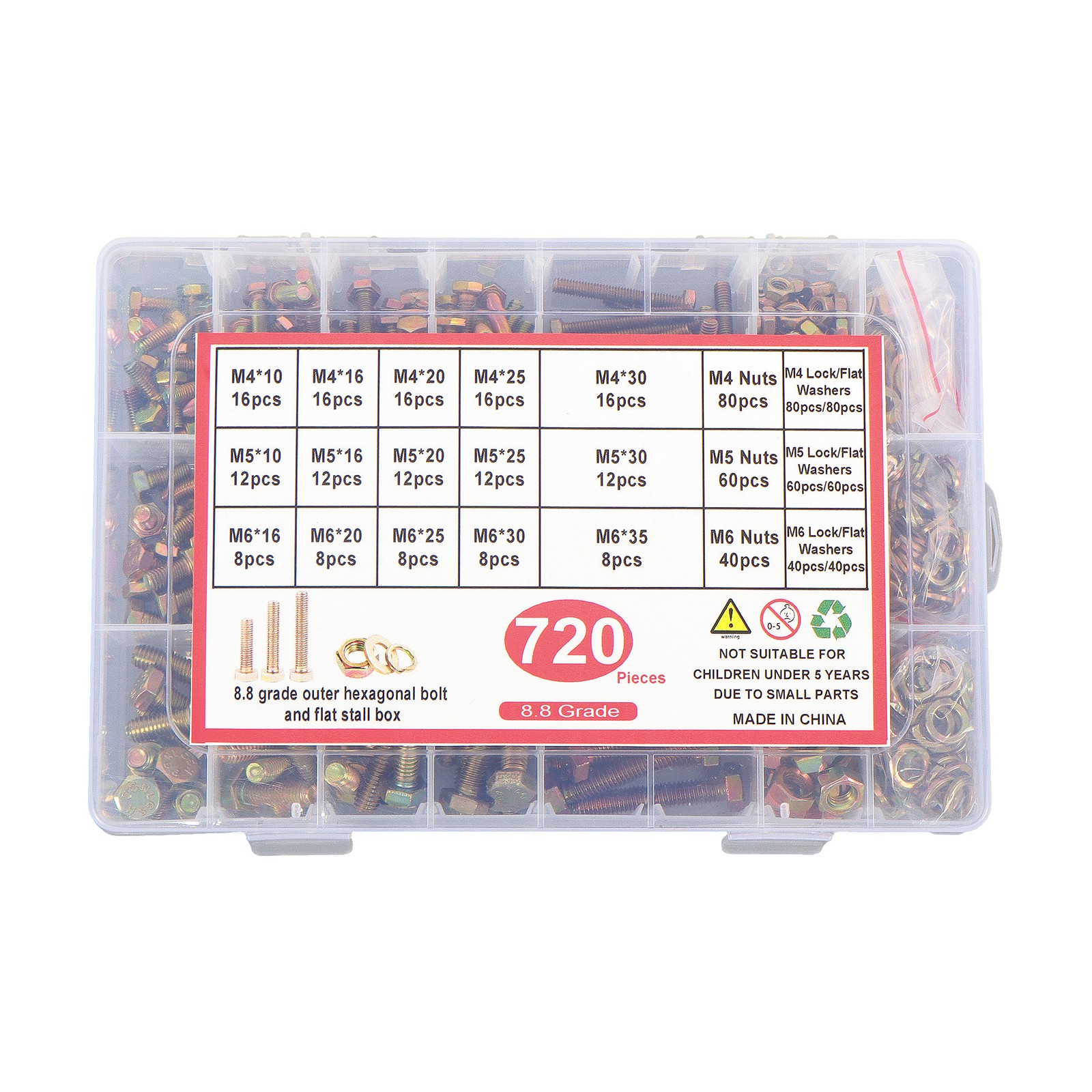 720PCS M4 M5 M6 BOLTS AND NUTS ASSORTMENT KIT GRADE 8.8 ALLOY STEEL HEX 15 SIZES