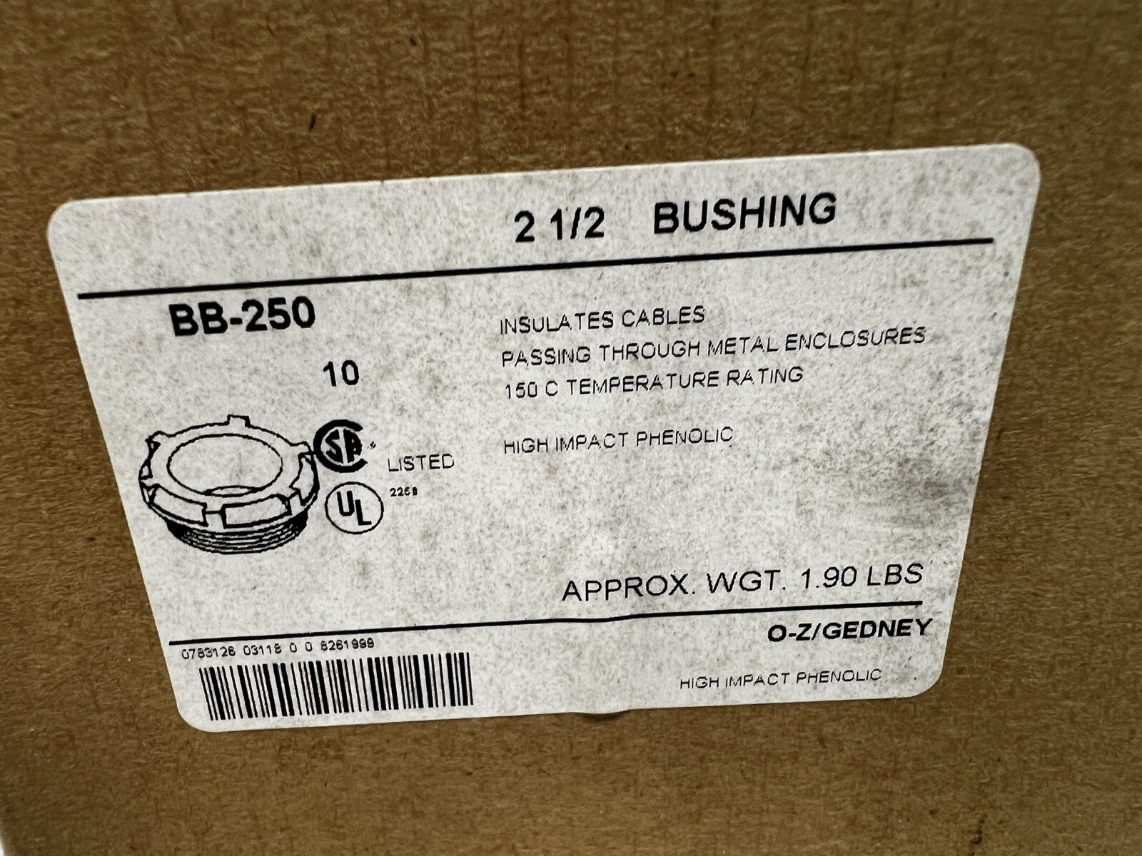 OZ-GEDNEY BB-250 2-1/2″ Insulating Threaded Non-Metallic Bushings BOX OF 10