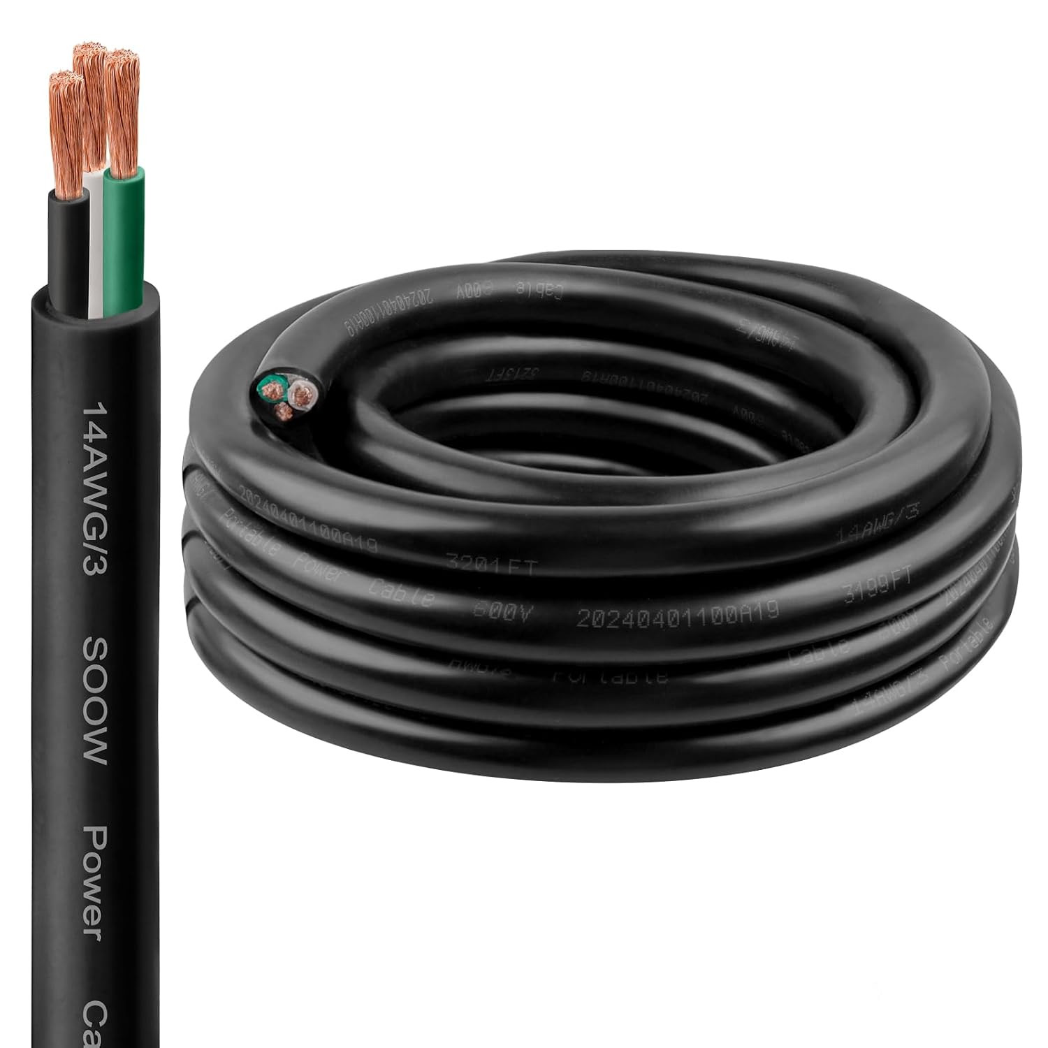 14/3 SOOW Wire 10FT, 14 AWG 600V SOOW Bulk Cable, 14 Gauge 3 Conductor Portable