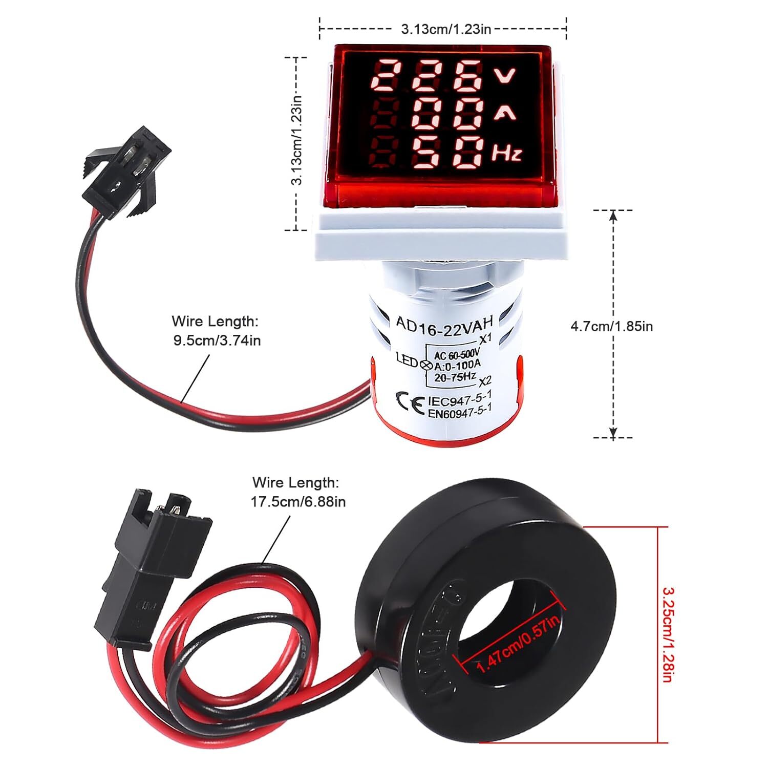 3 in 1 60-500V 0-100A AC Digital Ammeter Voltmeter LED Digital Tube Screen Red