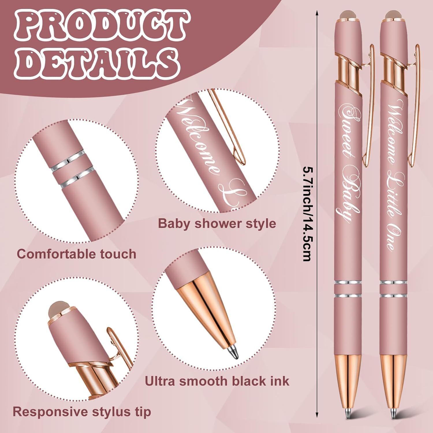 50 Pcs Baby Shower Pens with Stylus Tip Metal 50 Count (Pack of 1), Rose Gold