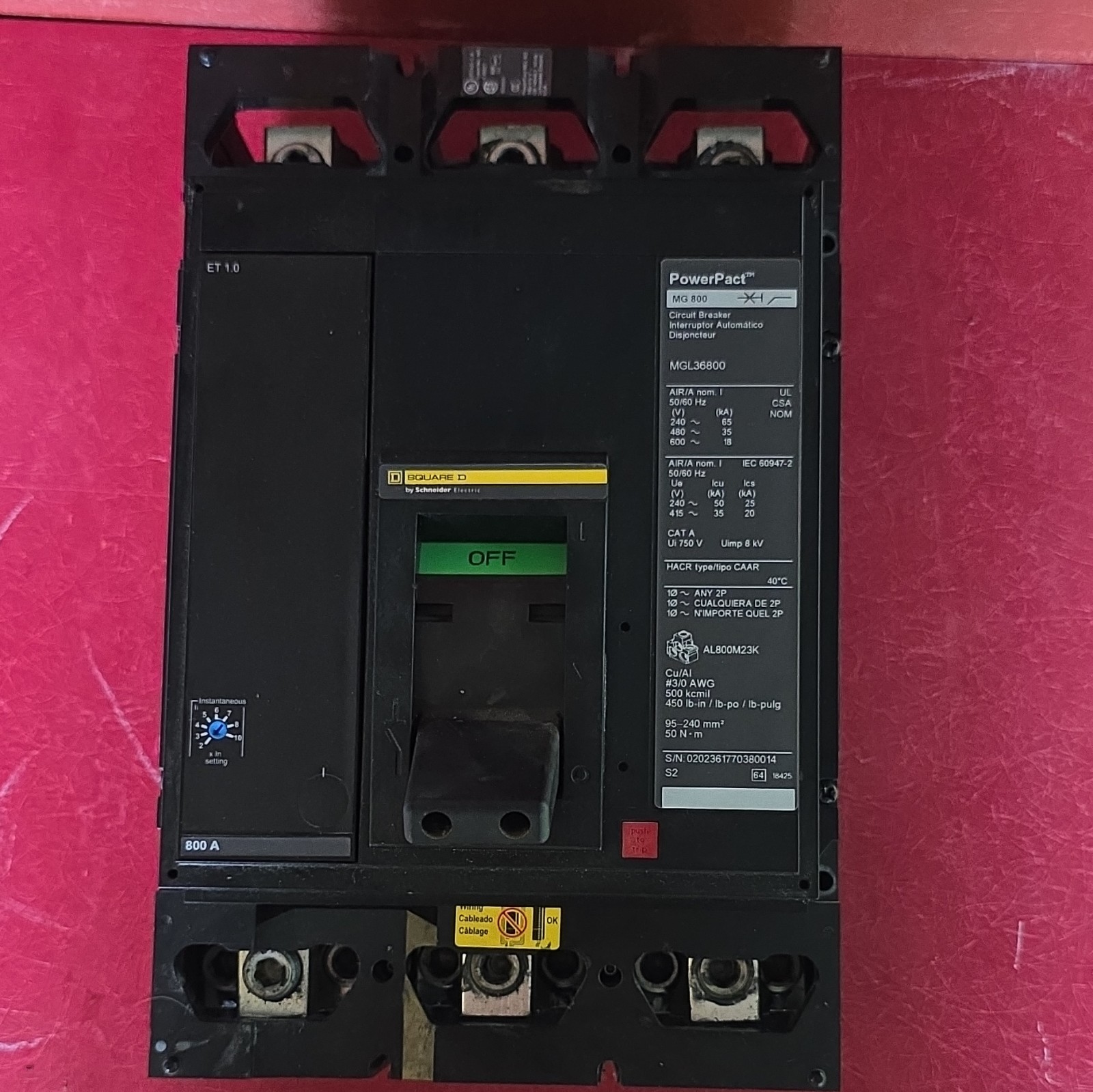 800A Square D PowerPact MG 800 MGL36800 800A 3-Pole 600V AC Trip Ind