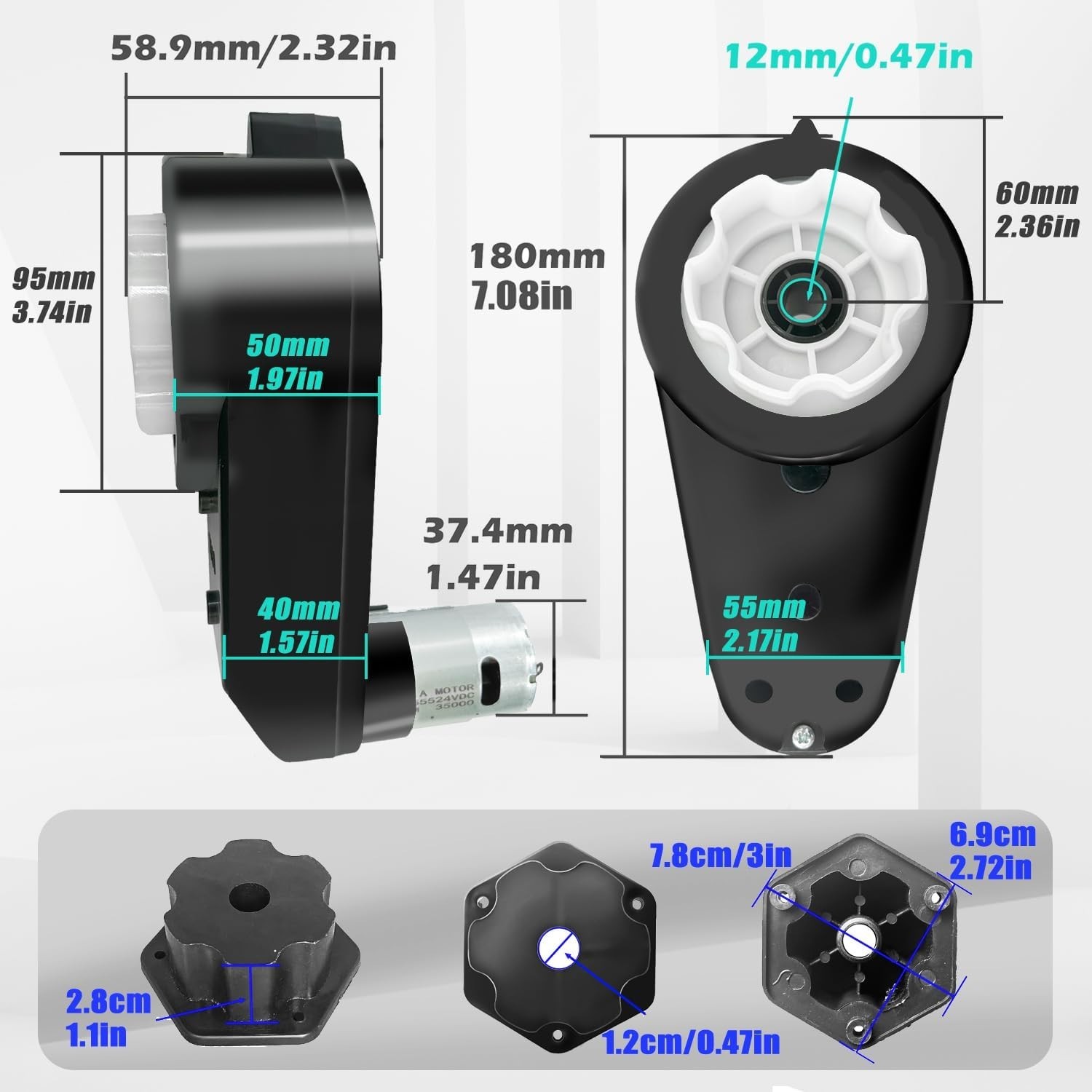 2PCS 24V RS555 High Speed Gearbox for Kids Ride-On Toy Upgrade & Connectors