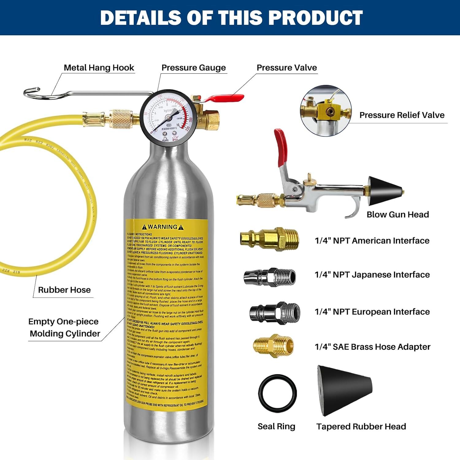 AC Flush Kit, Air Conditioner System Flush Canister Kit with Pressure Gauge