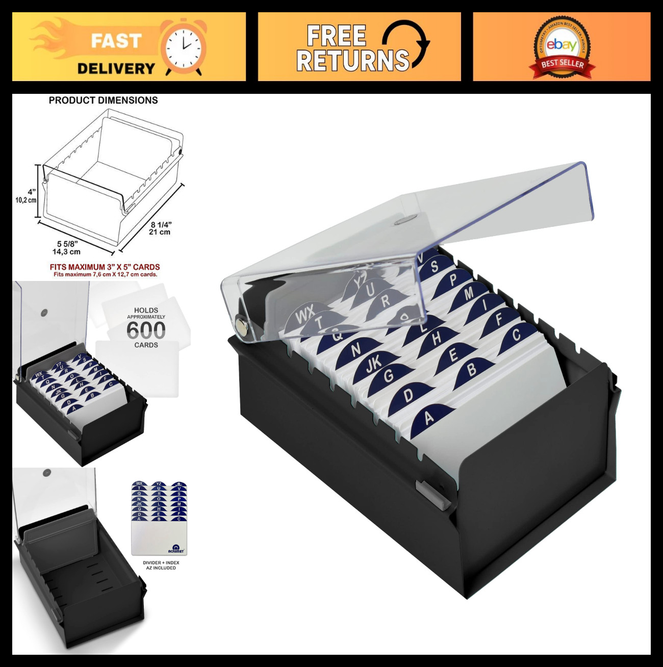 Heavy Duty 3×5 Card File Organizer Box – Metal Base, Clear Lid, Index Cards Incl