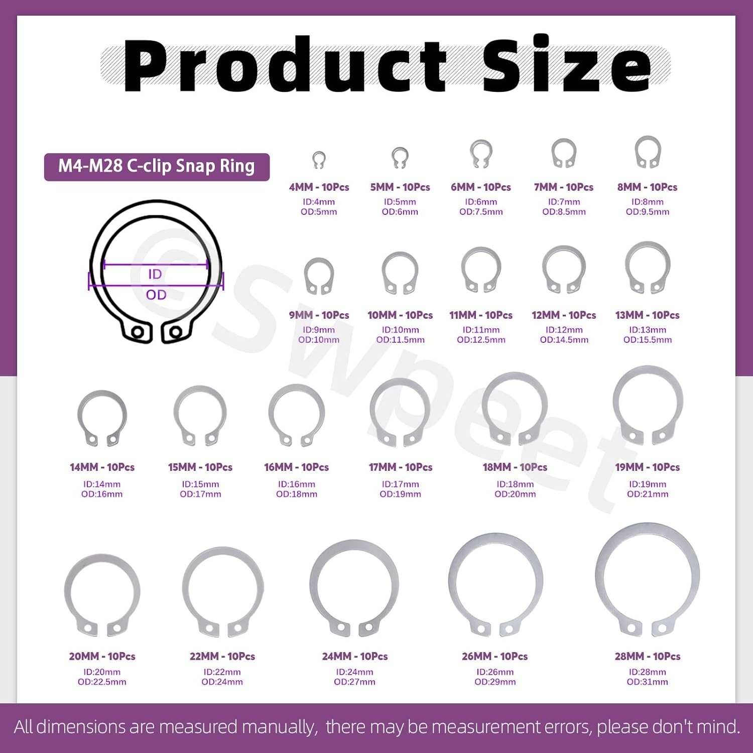 Swpeet 211Pcs 21 Sizes M4-M28mm Stainless Steel C-Clips External Circlip Snap Re