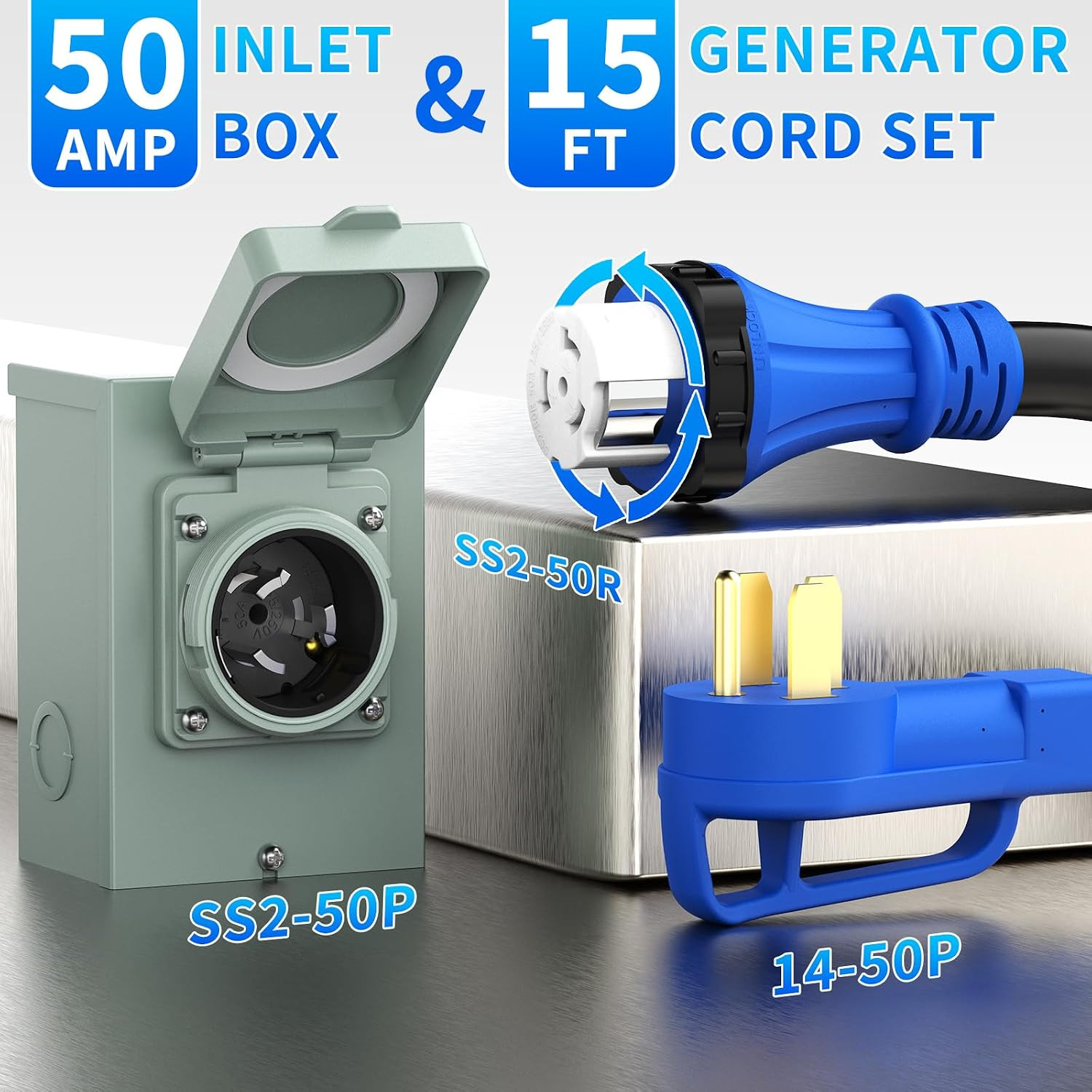 50 Amp Power Inlet Box and 15FT Generator Cord, 125V/250V Emergency Power Combo