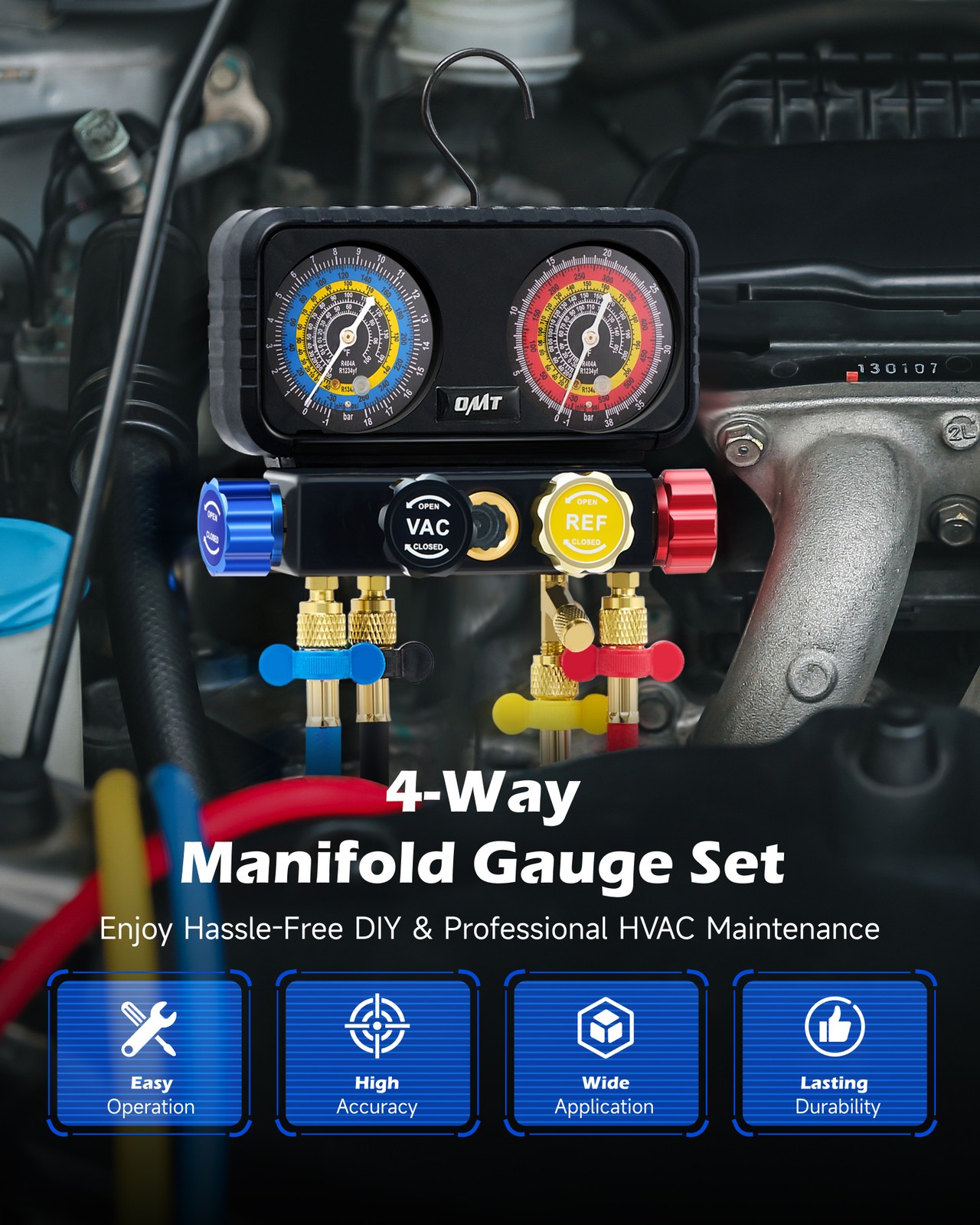 AC Diagnostic Manifold Gauge Set with 4 Way HVAC Gauges for R1234yf R404a R134a
