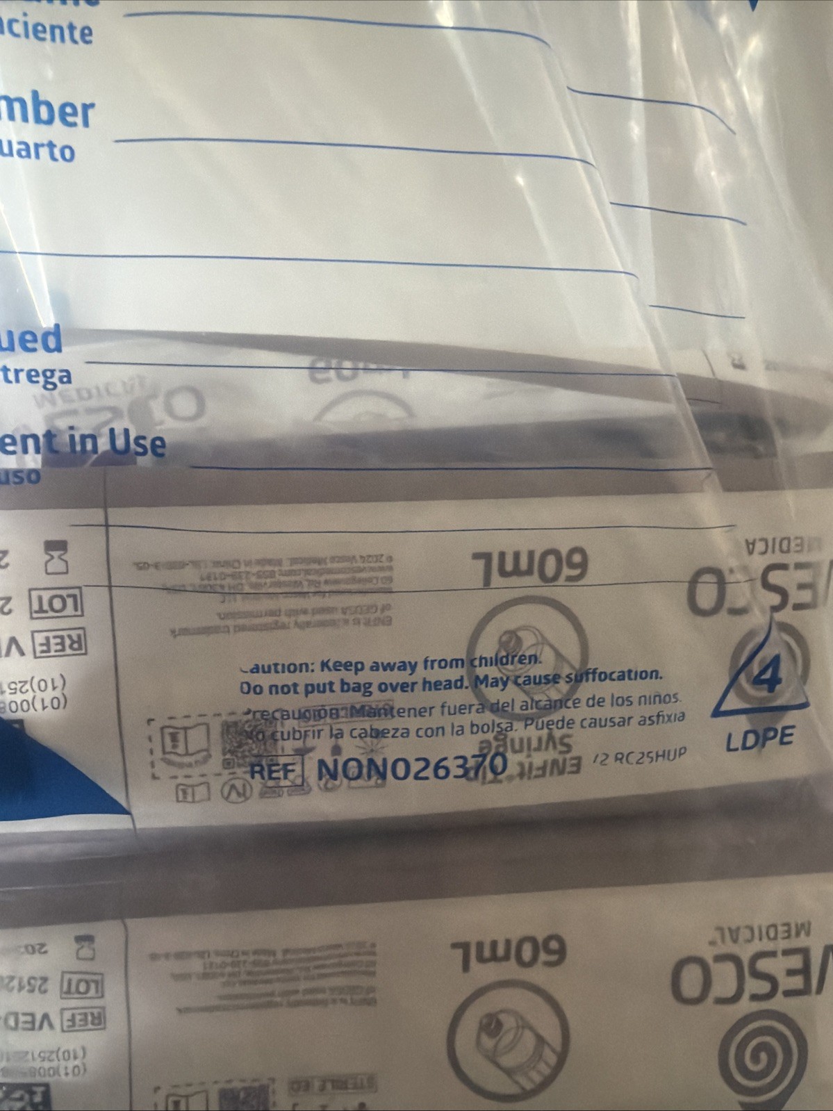 ENFit syringe, 60mL, O-Ring, Reusable Easy Glide Plunger, Pack of 10