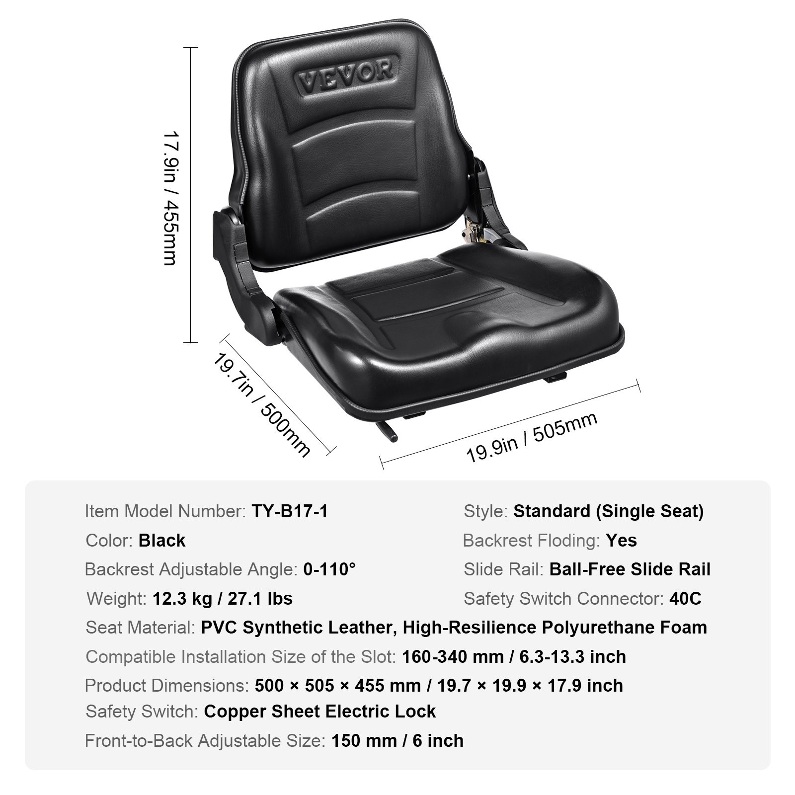 Universal Forklift Seat, Fold Down Tractor Seat with Adjustable Angle Back and M
