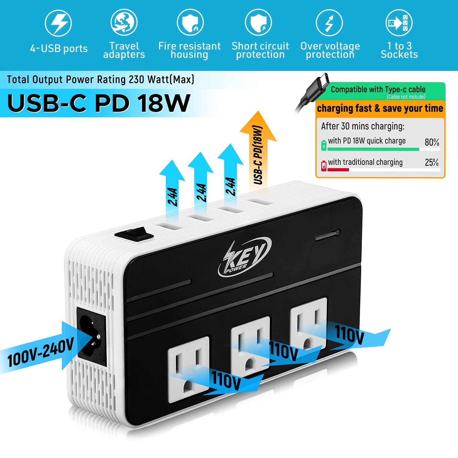 230-Watt Step Down 220V to 110V Voltage Converter & International Travel Adap…
