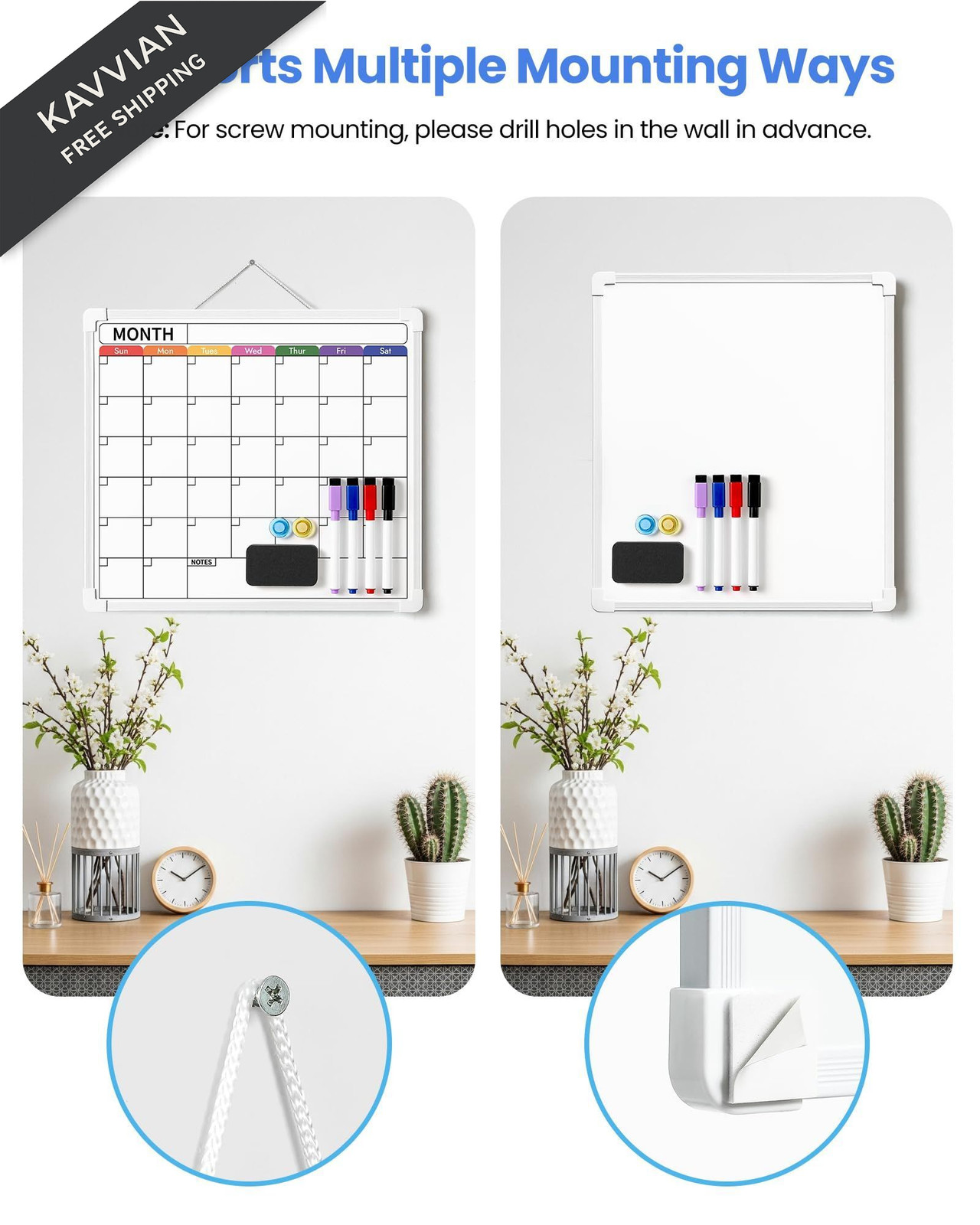 VITEVER Calendar Whiteboard for Wall, Double-Sided Dry Erase Board, White