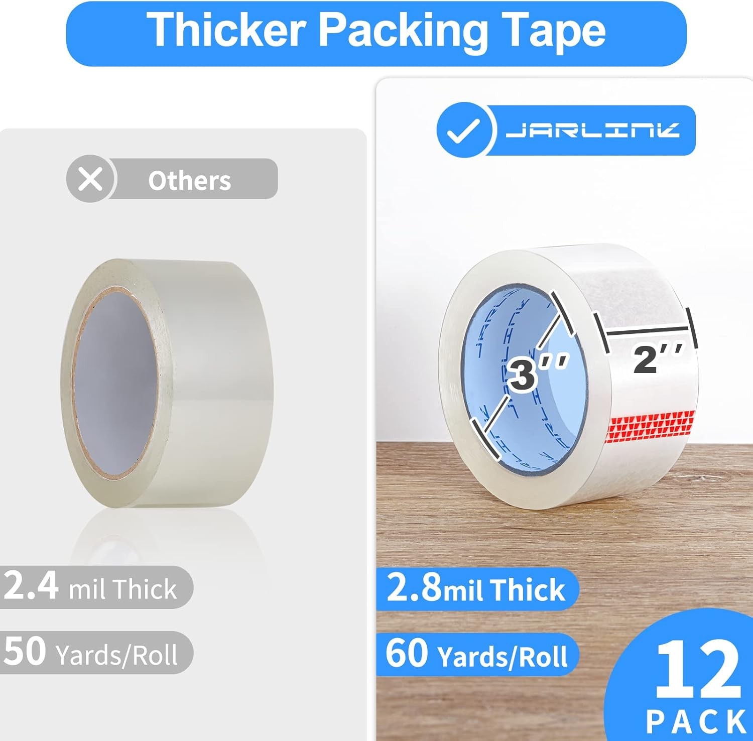 JARLINK Clear Packing Tape (12 Rolls), Heavy Duty Packaging Tape for Shipping Pa