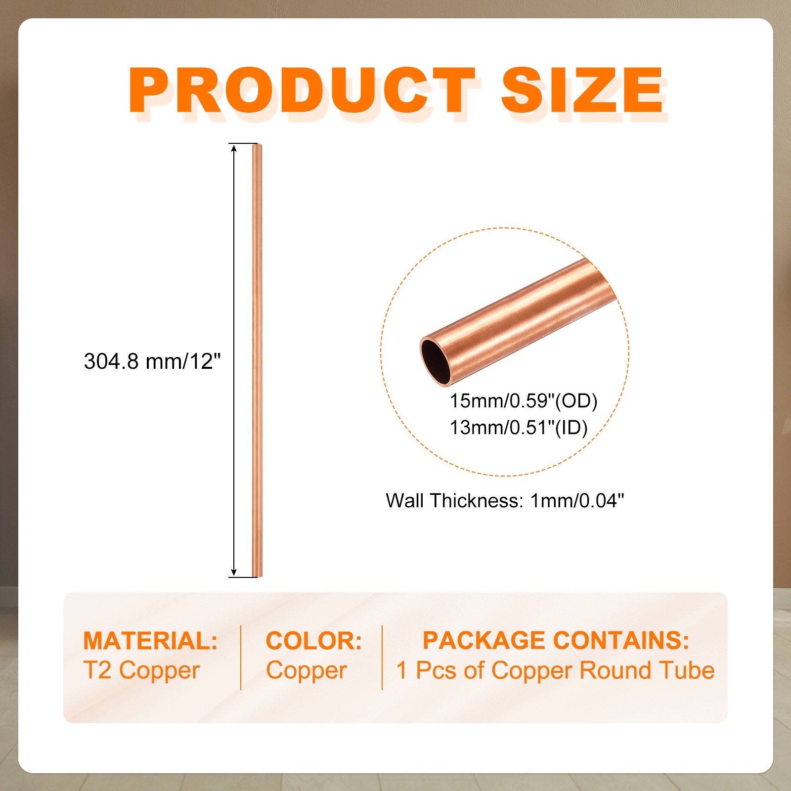15mm OD 1mm Wall Thickness 300mm Length Copper Round Tube Straight Pipe Tubing