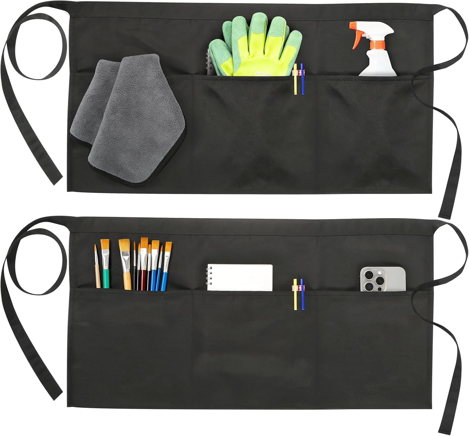 2-Pack Black Server Aprons with 3 Pockets, Adjustable Water-Resistant Waist Half