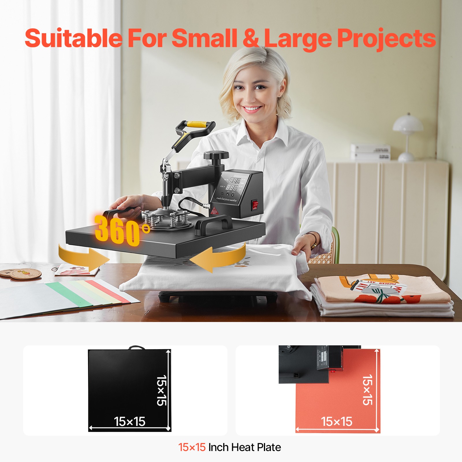Heat Press Machine 2-In-1 15x15in Sublimation Print Transfer DIY T-shirt Cap