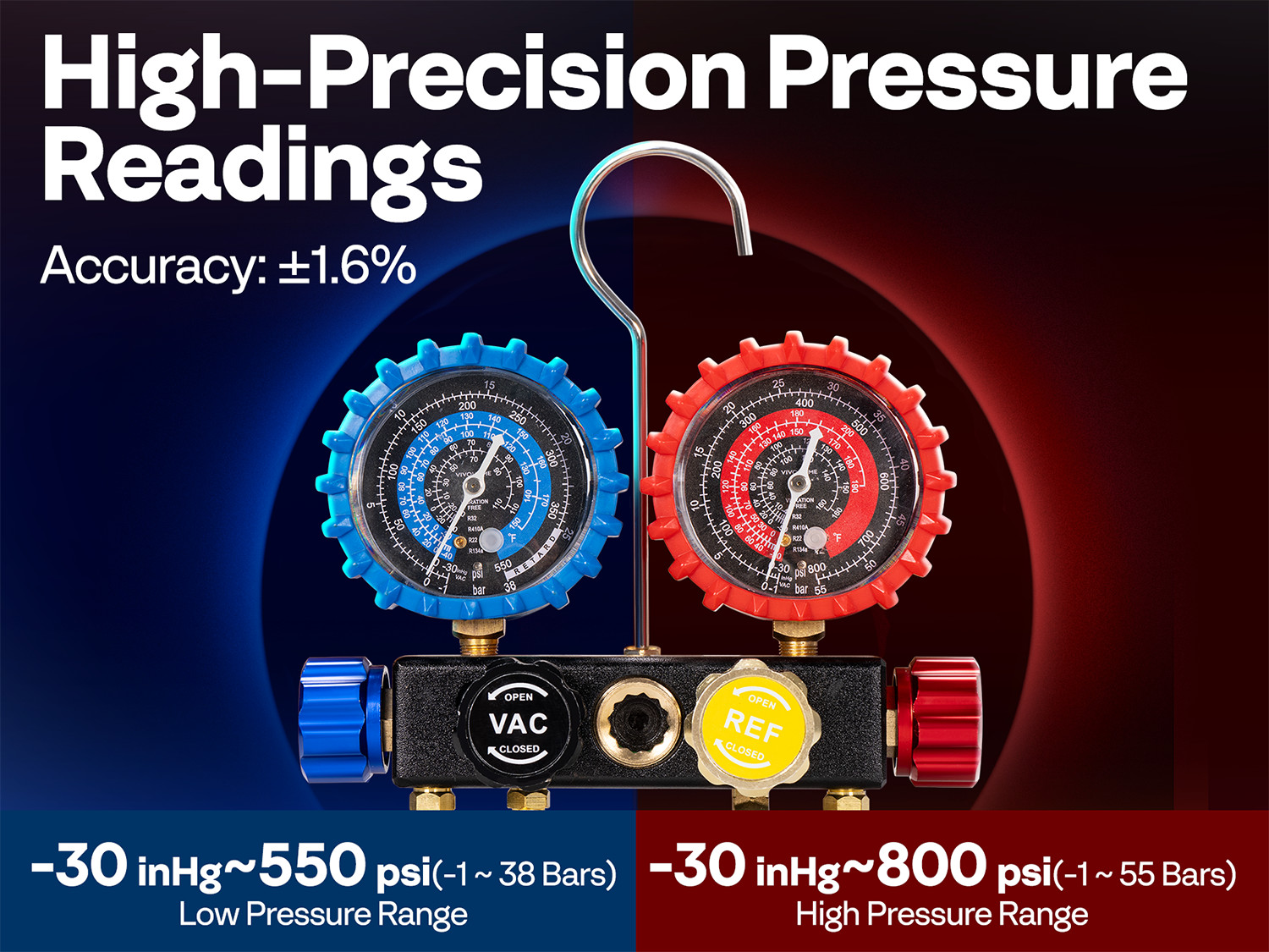 AC Manifold Gauge Set 4 Way For R134a R410a R22 R32 Refrigerat with 5ft Hoses