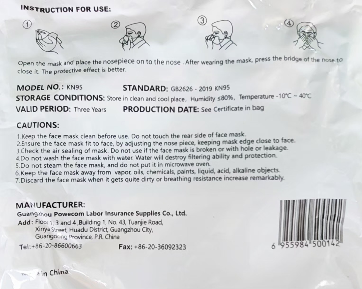 Powecom KN95 Face Mask GB2626-2019 Protective Respirator White 10 Pack Ear Loop