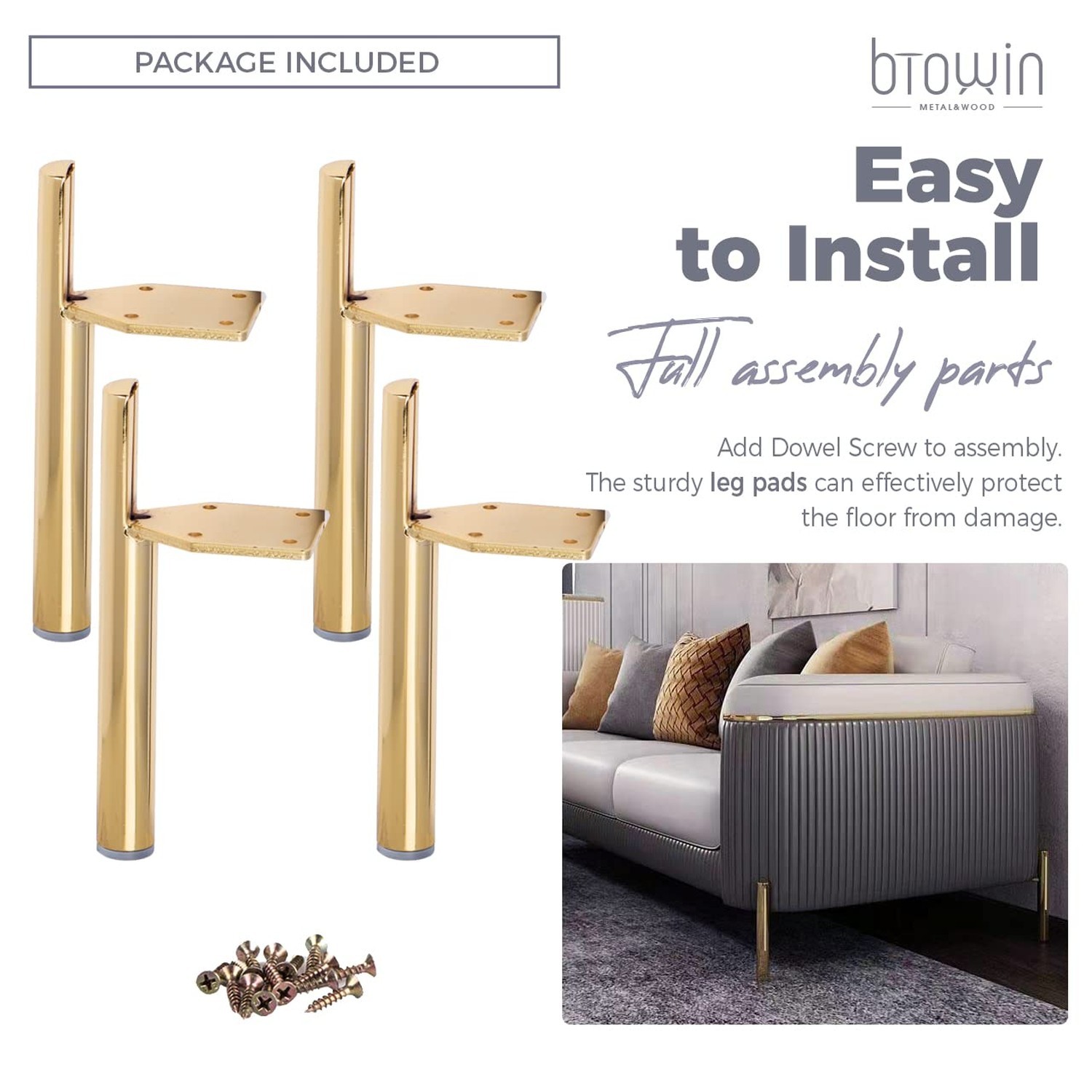 6 inch Metal Furniture Legs, Btowin 4Pcs Modern Tapered Side-Mounted DIY Furn…