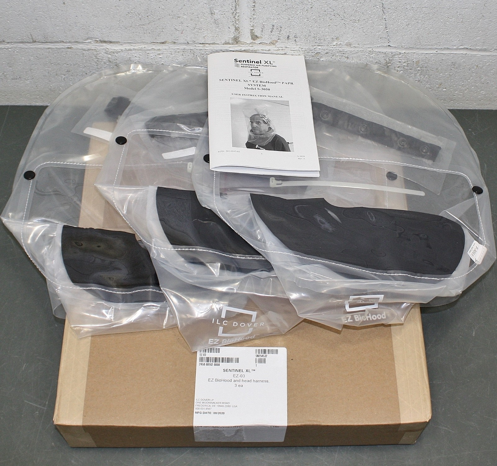 (3) ILC Dover Sentinel XL Respirator Hoods EZ-03, BioHood, Head Harness, PAPR