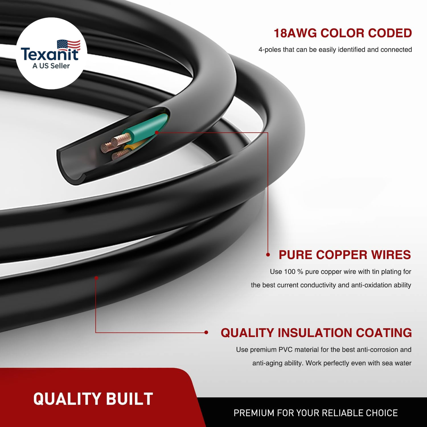 4 Way Trailer End Connector 10 Feet Jacketed Cable Heavy Duty 18AWG 4 Pin Traile