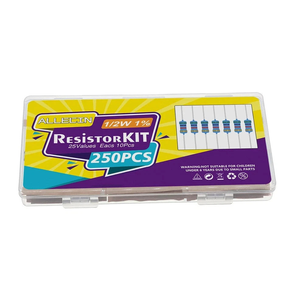 25 Values 1/2W Resistor Kit from 1 Ohm to 1M Ohm 1/2 Watt 1% Metal Film Resistor
