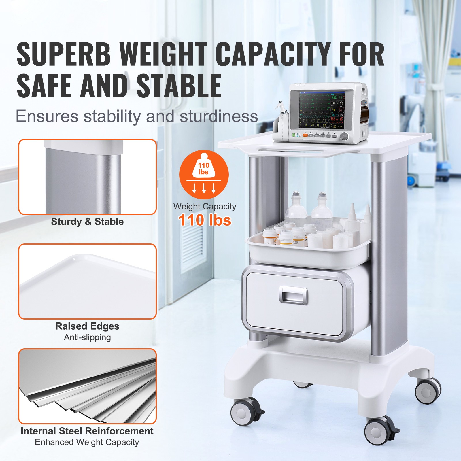 VEVOR 2 Tiers Lab Carts Mobile Medical Cart with 1 Drawer & 1 Top Tray White