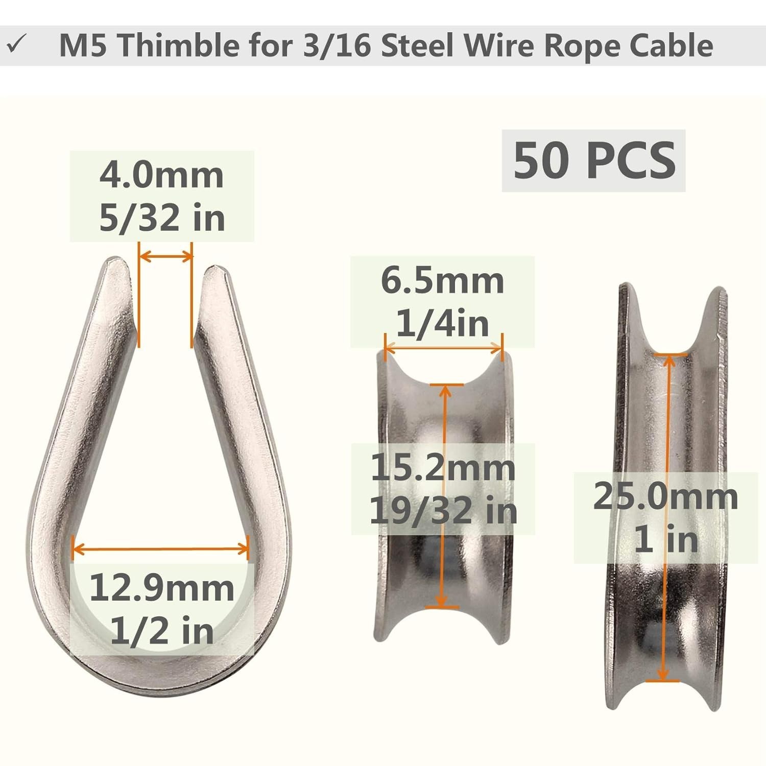 50Pcs Stainless Steel Thimble for 3/16 Steel Wire Rope Cable, M5 Rope Thimble…