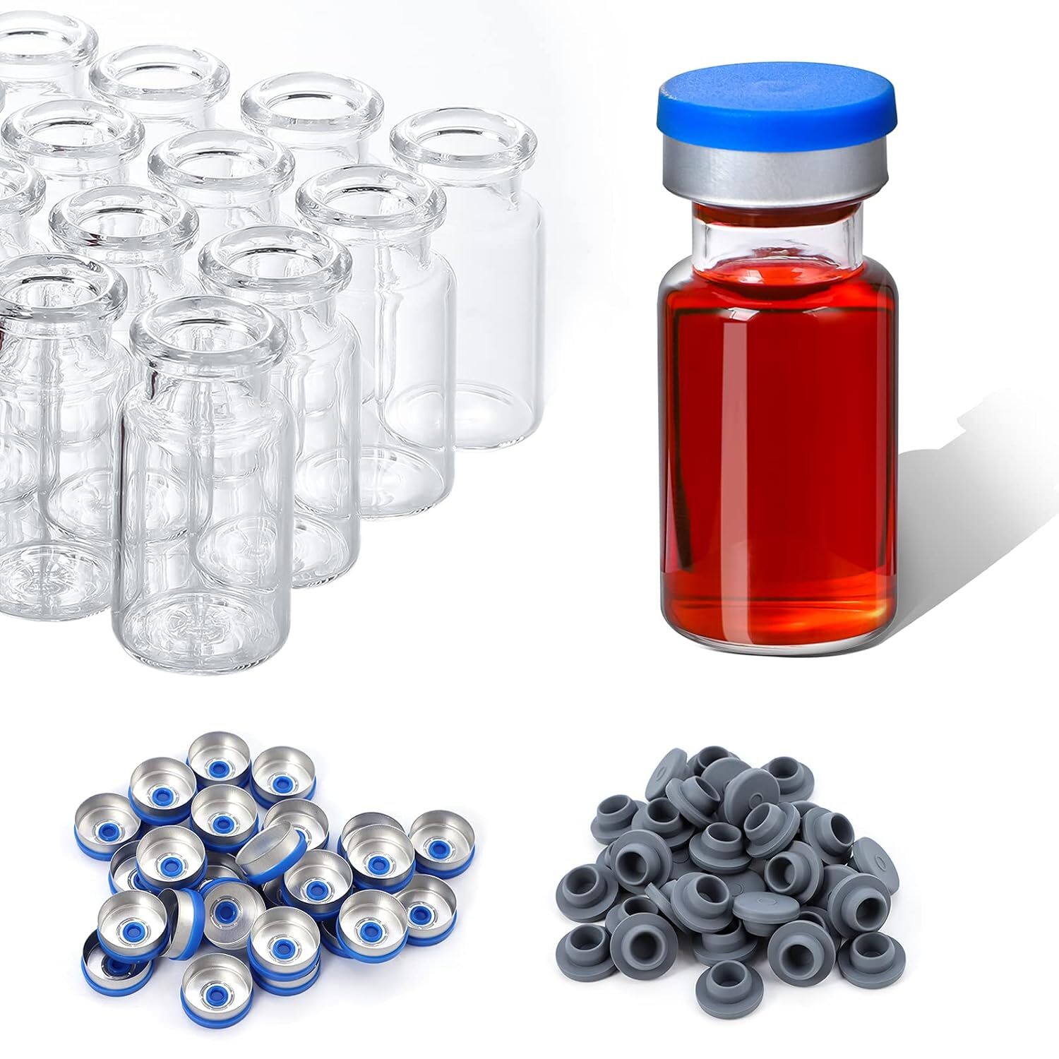 100pcs 10ml Vials Glass Clear with Plastic-Aluminum Caps and Rubber Stoppers USA