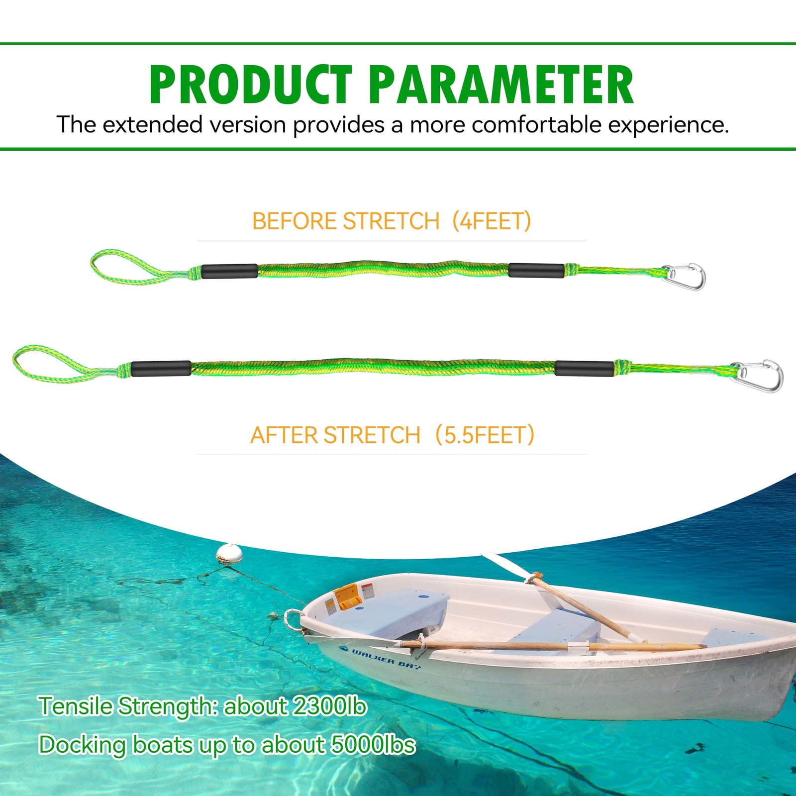 Boat Bungee Dock Lines 4 ft – Single Hook Dock Rope with 2 Loops, 2 Pack (Gre…
