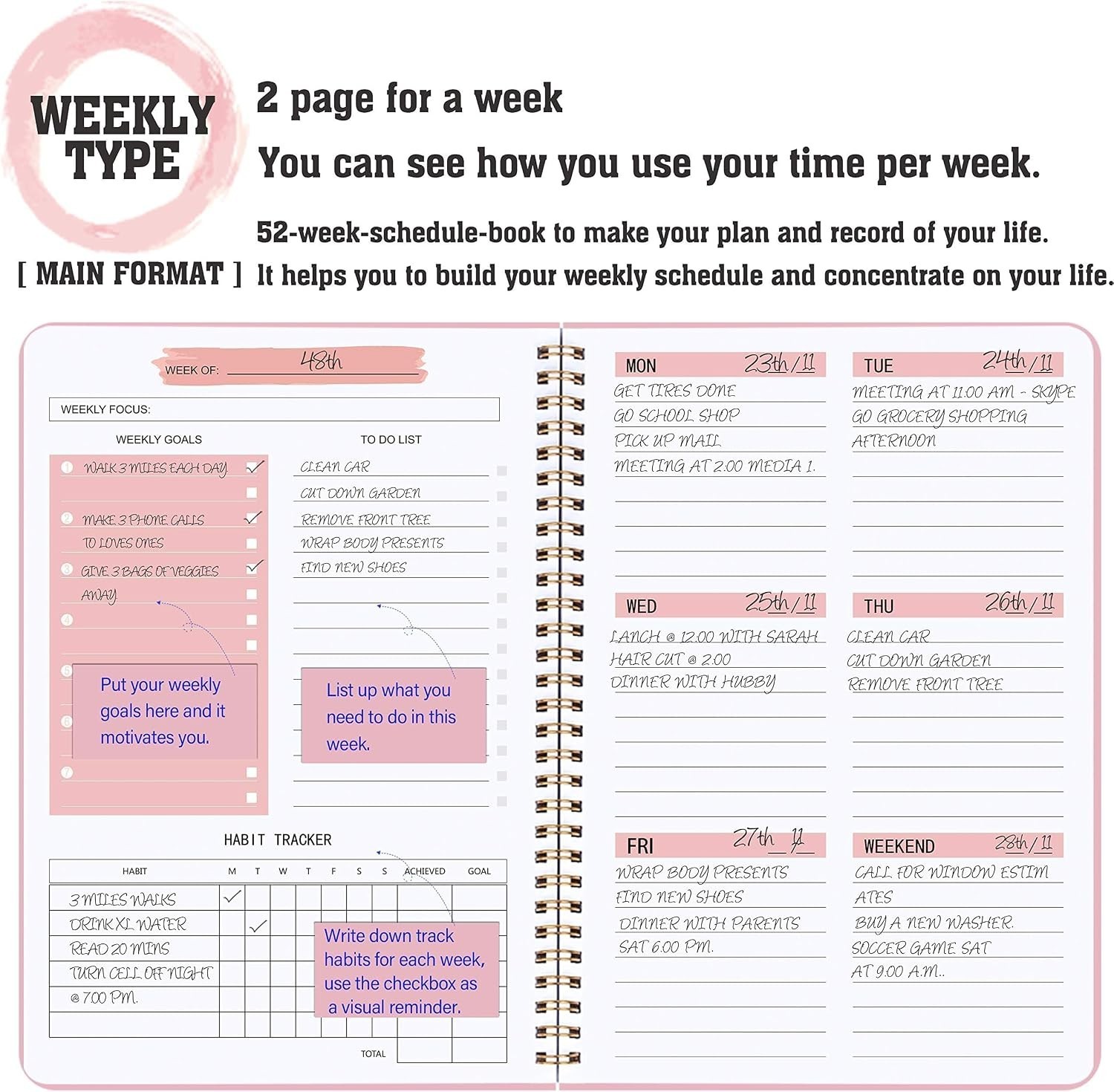 Compact 108-Page Weekly Planner: Habit Tracker & To-Do List with Lay-Flat Design