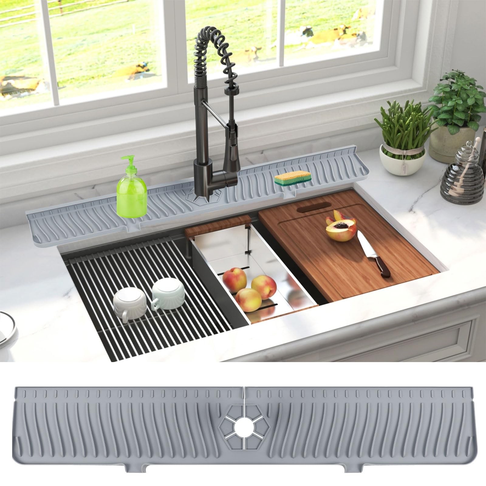 Derlights 30 inch Sink Splash Guard Mat,Silicone Faucet Handle Drip Catcher Tray