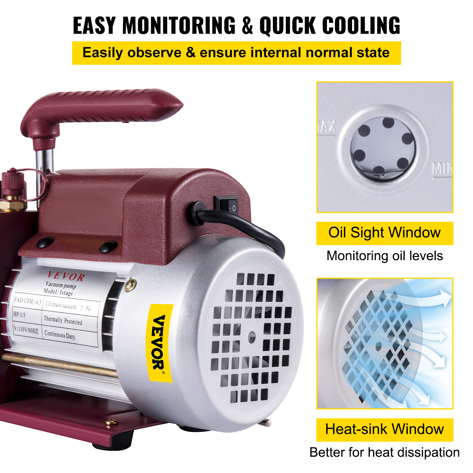 4.5 CFM Single-Stage Rotary Vacuum Pump HVAC/Auto AC 4.5CFM 1/3HP 1/4″ACME inlet