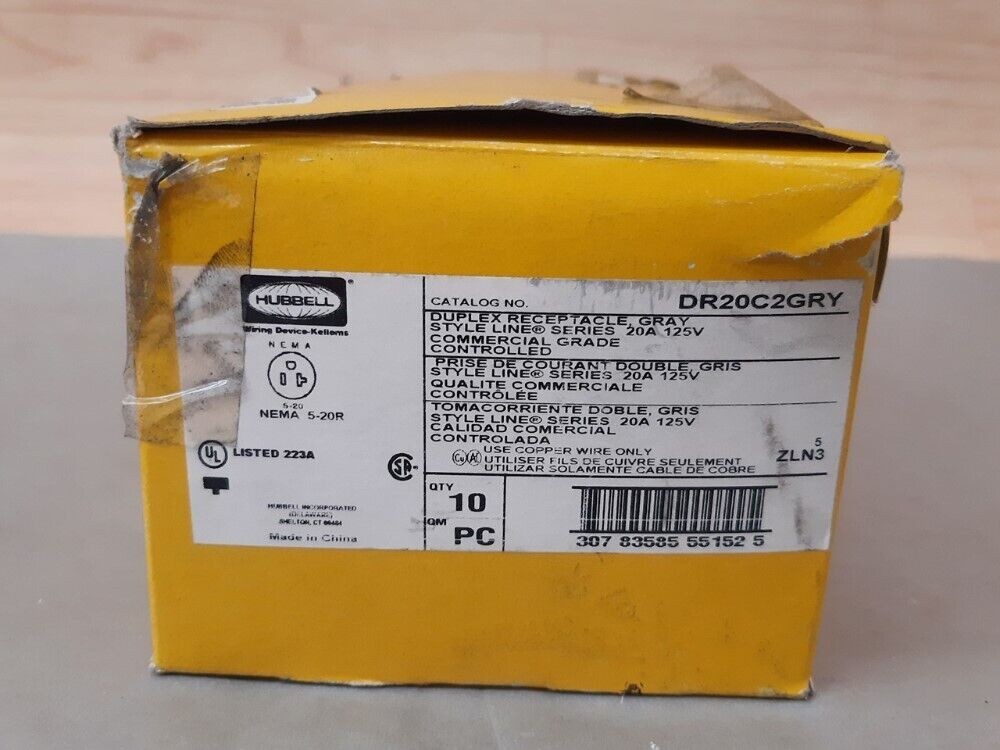 Lot of 10 Hubbell DR20C2GRY 125V 20A 2-Pole Duplex Back & Side Wired Receptacle