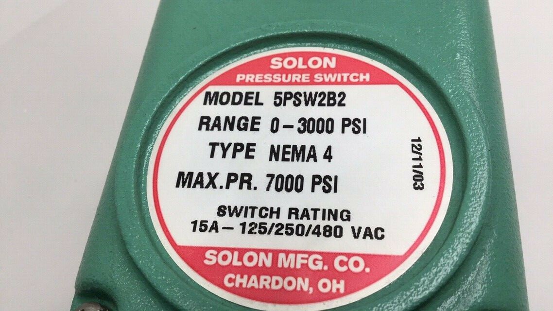 Solon 5PSW2B2 Pressure Switch 0-3000psi 7000psi max 15A 125/250/480VAC Nema 4