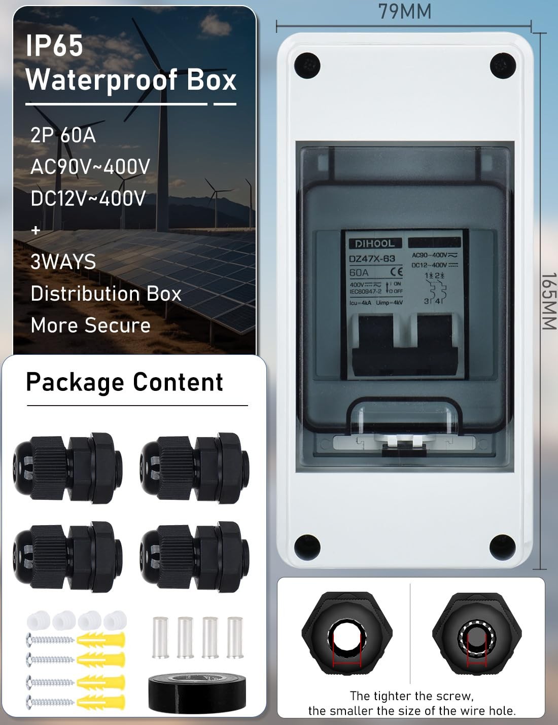 AC DC Circuit Breaker with IP65 Din Box for Solar Systems, 60 Amp 2 Pole 12V-400